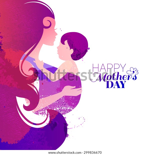 赤ん坊との母のシルエットのベクター水色効果イラスト 幸せな母の日のカード 美しい女性と子ども のベクター画像素材 ロイヤリティフリー