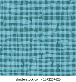 Vector watercolor effect plaid seamless pattern background. Organic painterly brush stroke blend backdrop. Gingham checked fabric style in teal blue. All over preppy crinkle cloth print for packaging