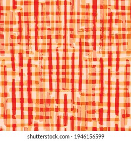 Vector watercolor effect plaid seamless pattern background. Organic painterly brush stroke blend backdrop. Orage red gingham checked fabric style. All over preppy crinkle cloth print for summer.