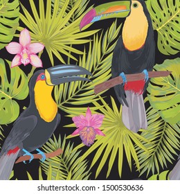 Vector with watercolor effect tropical toucan birds with orchid flowers,  philodendron areca palm, fan palm seamless pattern. Colorlful tropic background on black.