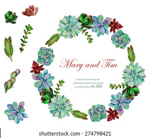 Vector watercolor element and frame of the grass. Wedding invitation, greeting card, floral frame for design. Wreath Succulents.