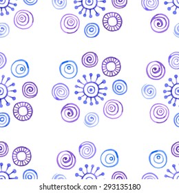 Vector watercolor elements seamless pattern. Blue and violet circles, flowers, spirals. On white background.