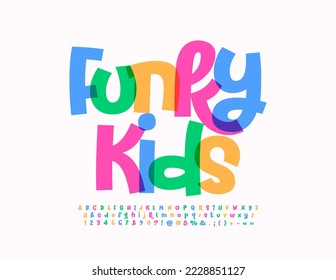 Vector watercolor emblem Funky Kids. Bright artistic Font. Creative Alphabet Letters and Numbers.