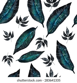 Vector watercolor exotic tropical leaves seamless pattern. EPS10.