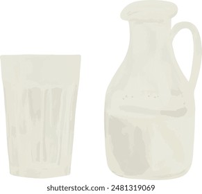 Vector Watercolor farm illustration, carafe with milk, glass. Invitation, greeting cards, birthday, event, holiday, menu; cooking class; Master Class.