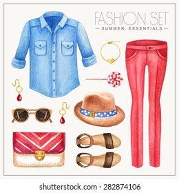 Vector watercolor fashion set of woman's summer clothes and accessories. Vintage hand drawn travel outfit with jeans shirt and trousers 