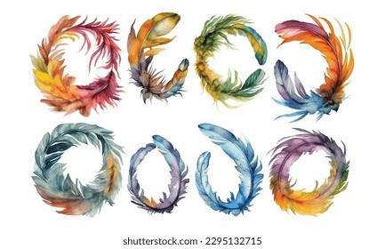 Vector watercolor feather wreath in rainbow colors. Great for cards, wedding invitations, boho backgrounds
