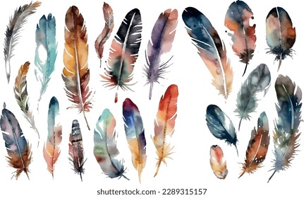 Vector Watercolor feathers illustration set - colorful watercolor feathers collection. Wedding stationary, greetings, wallpapers