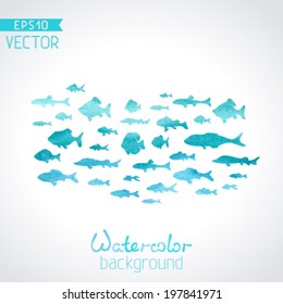 Vector watercolor fish on light background. Blue watercolour background. There is place for your text.