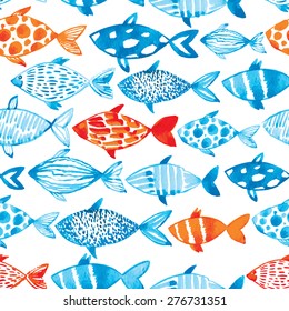 Vector watercolor fish on light background. Watercolor pattern seamless