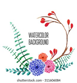 Vector Watercolor Floral background With Hand Painted Leaves. Watercolor Leaf Branch backdrop. Text Frame.