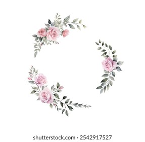 Vector watercolor floral border wreath. Spring pink roses frame with leaves, yellow grass flowers. Cards, invitations, decorative borders garlands. Wedding, Mother's Day, Valentine's Day, Women's Day
