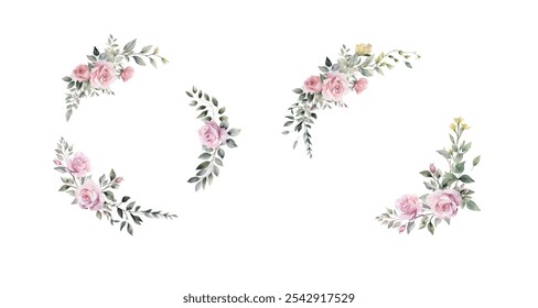 Corona floral del borde de la acuarela del Vector. Marco de rosas de primavera rosa con hojas, flores de hierba amarilla. Tarjetas, invitaciones, guirnaldas de bordes decorativos. Boda, Día de la Madre, Día de San Valentín, Día de la Mujer