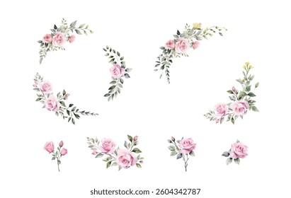 Vector watercolor floral border wreath. Spring pink roses frame with leaves, yellow grass flowers,Cards, invitations, decorative borders garlands. Wedding, Mother's Day, Valentine's Day, Women's Day