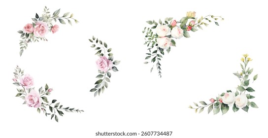 Vector watercolor floral border wreath. Spring pink roses frame with leaves,yellow grass flowers,Cards, invitations, decorative borders garlands. Wedding, Mother's Day, Valentine's Day, Women's Day