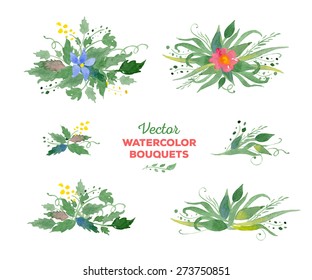 Vector watercolor floral bouquets. Great for wedding and birthday invitations, Mothers day cards, page decoration.