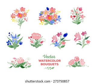 Vector watercolor floral bouquets. Great for wedding and birthday invitations, Mothers day cards, page decoration.