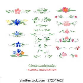 Vector watercolor floral elements. Flowers, leaves, bouquets. Great for wedding invitations, Mothers day cards, page decoration.