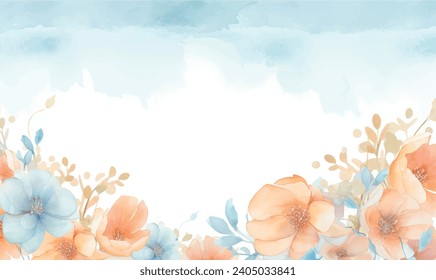 Vector watercolor floral frame background, sky blue and peachs tyle colors