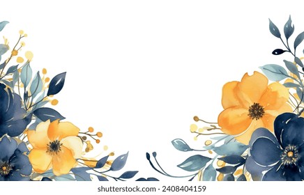 Vector watercolor floral frame background, blue and yellow colors, for design