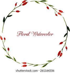 vector watercolor floral frame with branches, leaves and berries, hand drawn template