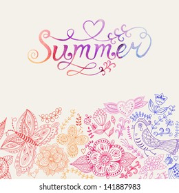 Vector watercolor floral greeting card with "Summer" lettering. Vintage retro background with floral ornament You can design cards, notebook cover and so on. Spring theme background.