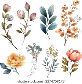 Vector watercolor floral illustration bouquet set - green leaves, pink peach blush white flowers branches. Wedding invitations, greetings, wallpapers, fashion, prints