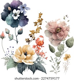 Vector watercolor floral illustration bouquet set - green leaves, pink peach blush white flowers branches. Wedding invitations, greetings, wallpapers, fashion, prints