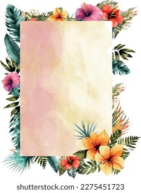 Vector Watercolor floral illustration frame, Tropical flowers, green leaves. Wedding invitation, wallpaper.