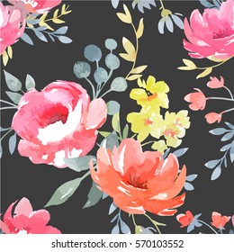 Vector watercolor  floral pattern, delicate flowers, yellow,  pink Roses  flowers