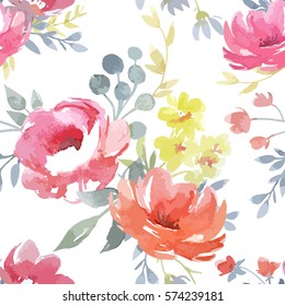 Vector watercolor  floral pattern, delicate flowers, yellow,  pink Roses  flowers