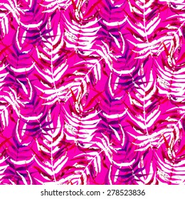 Vector watercolor floral pattern with various palm leaves inspired by tropical nature and plants like palm trees and ferns in multiple bright pink colors