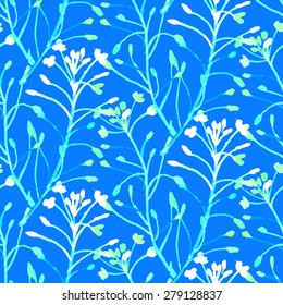 Vector watercolor floral pattern with various flowers and leaves. Spring summer seamless texture with wild herbs hand drawn in bright colors. Vintage ornament and natural background