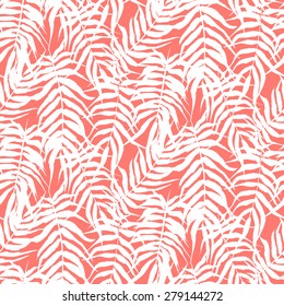 Vector watercolor floral pattern with various palm leaves inspired by tropical nature and plants like palm trees and ferns in bright coral red and white colors