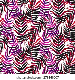 Vector watercolor floral pattern with various palm leaves inspired by tropical nature and plants like palm trees and ferns in multiple bright red, pink, black and white colors