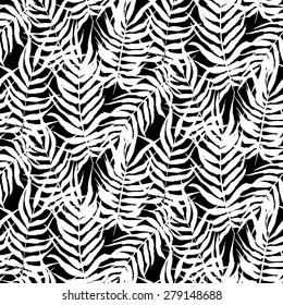Vector watercolor floral pattern with various palm leaves inspired by tropical nature and plants like palm trees and ferns in black and white colors