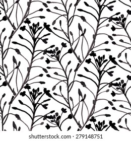 Vector Watercolor Floral Pattern With Various Flowers And Leaves. Spring Summer Seamless Texture With Wild Herbs Hand Drawn In White And Black Colors. Vintage Ornament And Natural Background