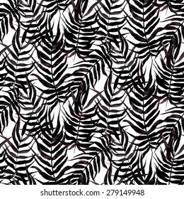 Vector watercolor floral pattern with various palm leaves inspired by tropical nature and plants like palm trees and ferns in black and white colors