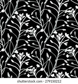 Vector watercolor floral pattern with various flowers and leaves. Spring summer seamless texture with wild herbs hand drawn in black and white colors. Vintage ornament and natural background