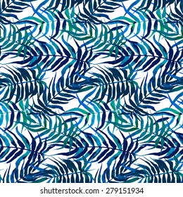 Vector watercolor floral pattern with various palm leaves inspired by tropical nature and plants like palm trees and ferns in multiple bright blue colors