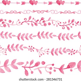 Vector Watercolor floral seamless pattern borders set. Pink flowers ,branch background with leaves decor .Hand drawing Spring or summer fabric, ornament.For wedding,fashion.Vintage style