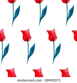 Vector watercolor floral seamless pattern on white background. Hand drawn bright red tulips in doodle style.