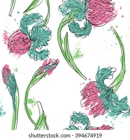 vector watercolor floral seamless pattern with irises, hand drawn natural background