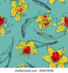 vector watercolor floral seamless pattern with narcissus, hand drawn natural background