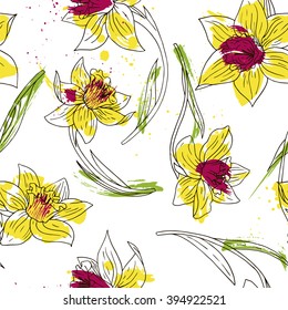 vector watercolor floral seamless pattern with narcissus, hand drawn natural  background