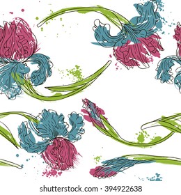 vector watercolor floral seamless pattern with irises, hand drawn natural  background