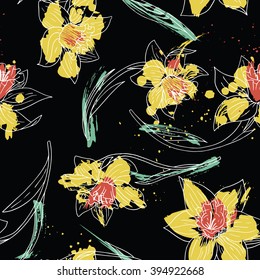 vector watercolor floral seamless pattern with narcissus, hand drawn natural  background
