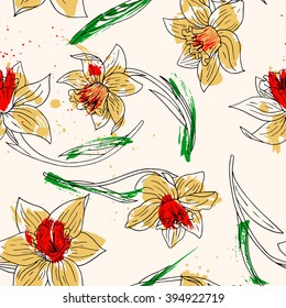 vector watercolor floral seamless pattern with narcissus, hand drawn natural background