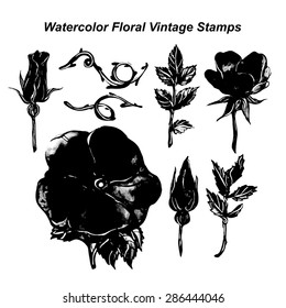 Vector watercolor floral vintage stamps on the white background.