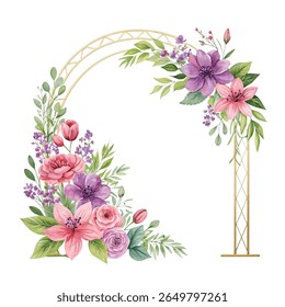 Vector watercolor floral wreath background featuring delicate flowers and soft green leaves. Ideal for wedding designs, invitations, cards, and decorative projects